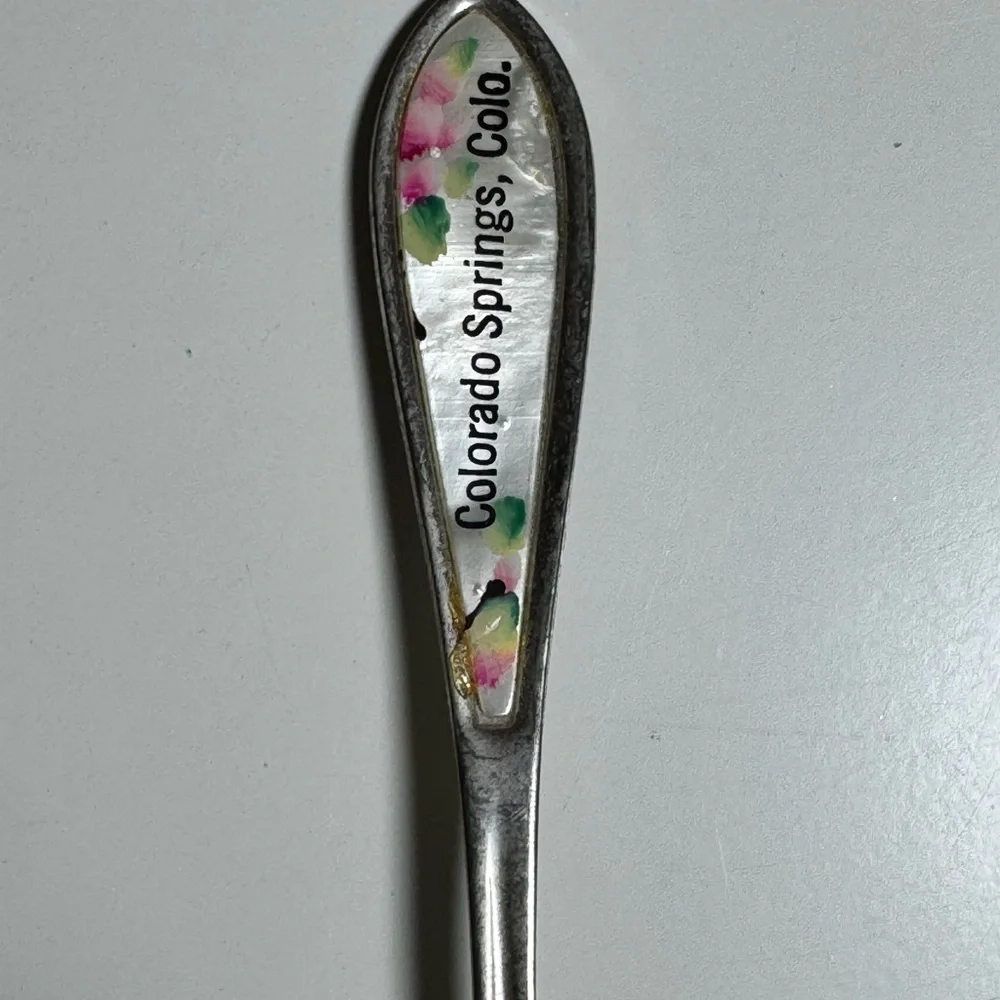 Vintage Colorado Springs Colo Souvenir Spoon Mother of Pearl Floral Inlay 4.25